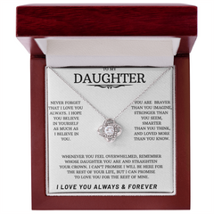 Love knot necklace silver with cubic zirconia and message card with sentiment in a luxury box
