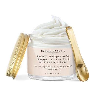 Picture of Brume d'Avril Whipped Tallow Balm in a 2 oz jar with the gold lid open to see the creamy balm