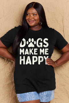 Short sleeved round neck black tshirt with DOGS MAKE ME HAPPY in big block letters on the front. The O in dog is replace by a paw print in white, just like the letters.