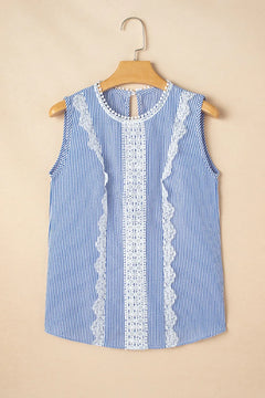 Stripe Lace Patchwork Crew Neck Sleeveless Top