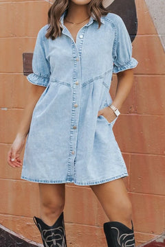 Mineral Wash Ruffle Sleeve Denim Dress