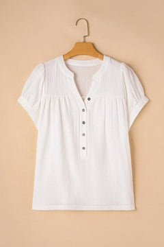 Textured Short Sleeve Buttons Frayed Blouse