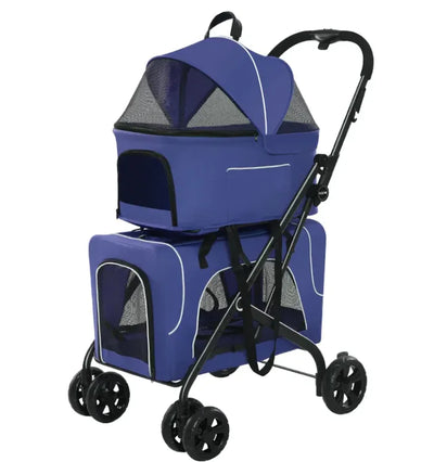 Blue pet stroller with wheels on a white background