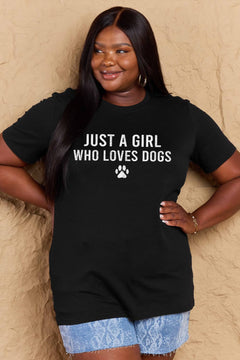 A black t-shirt with 'Just a Girl Who Loves Dogs' text and a pawprint below in white. Round neck and short sleeves, loose fit