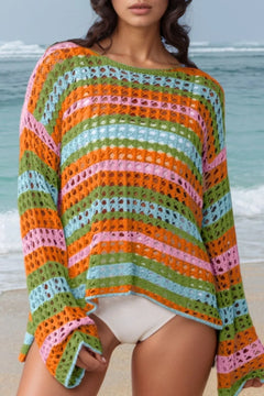 Colorful crochet cover-up with horizontal stripes on open work stitching, blue, green, yellow, peach. Boat neck, pullover with dropped shoulders and extra long sleeves