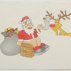 Cartoon Santa Claus on a chimney with a reindeer and gift bag on a textured background
