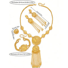Gold jewelry set with necklace, earrings, and bracelet on a white background