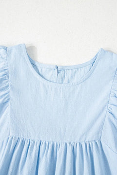 Solid Color Embroidered Scalloped Sleeves Crew Neck Blouse