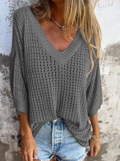 Openwork V-Neck Knit Cover Up in grey with dropped sleeves and wide hem around the neck, could pass as an oversized sweater with an undershirt