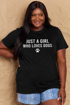 A black t-shirt with 'Just a Girl Who Loves Dogs' text and a pawprint below in white. Round neck and short sleeves, loose fit