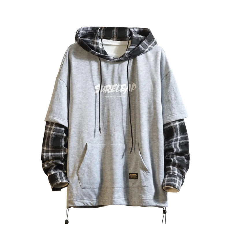 Gray hoodie with plaid sleeves and a brand logo on a white background