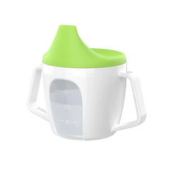 White sippy cup with a green lid  and clear section with measurements so you can keep track of fluid intake.on a white background