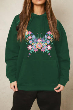 Green pullover hoodie with floral design that also makes a butterfly on the front. Handwarmer pocket.