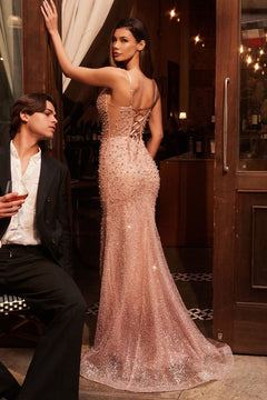 Pearl Embellished Fit & Flare Dress with thin straps and plunging decollatage, slit up side and lace up back