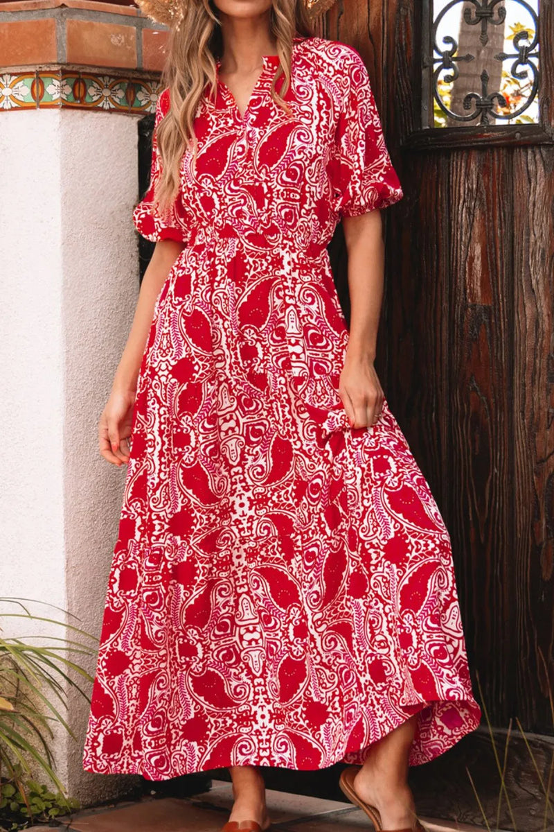 Red and white Paisley pattern maxi dress with short sleeves and v nec