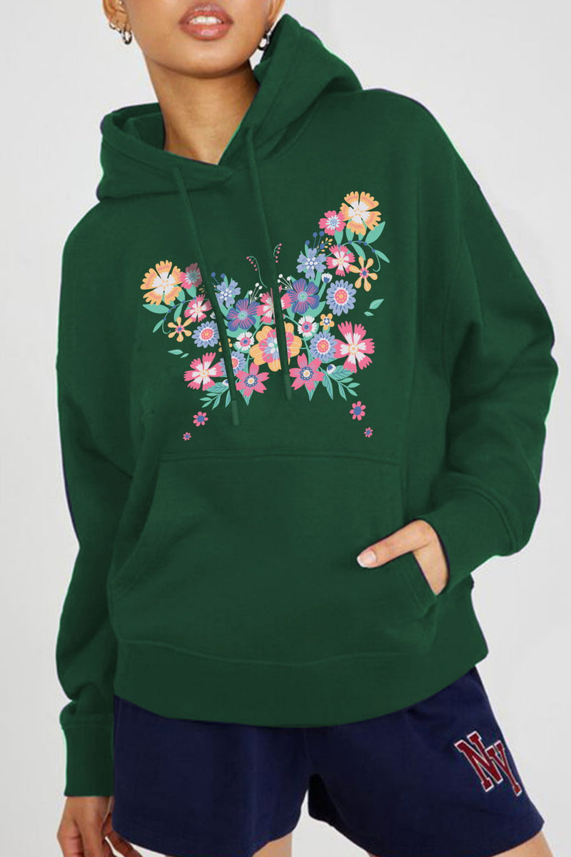 Green pullover hoodie with floral design that also makes a butterfly on the front. Handwarmer pocket.