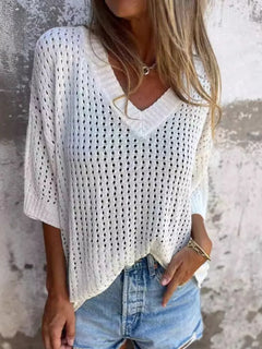 Openwork V-Neck Knit Cover Up in white with dropped sleeves and wide hem around the neck, could pass as an oversized sweater with an undershirt