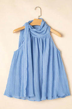 Textured Pleated Tied Mock Neck Flowy Tank Top