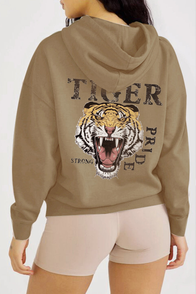 Person wearing a beige hoodie with a tiger graphic and 'Tiger Pride' text on the back.