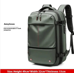 Green backpack with text indicating it can accommodate 17-inch computers and provides product details.