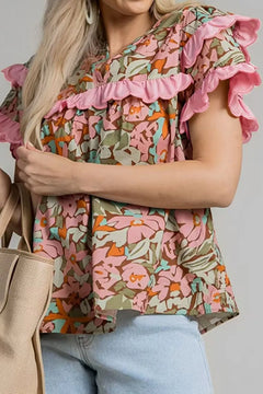 Multicolour Floral Tiered Ruffled Short Sleeve Blouse