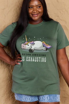 Green Tshirt with a unicorn laying on it's belly with all legs splayed out and the slogan BEING AWESOME IS EXHAUSTING under it. Round neck and short sleeves