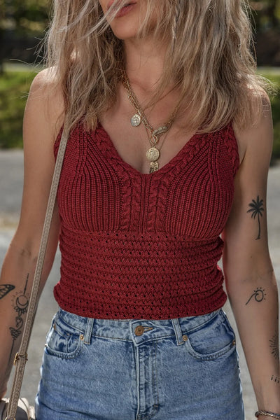 Cable knit clingy sweater tank top in wine red.