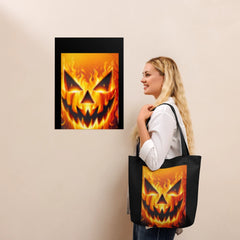 Woman holding a tote bag with a fiery pumpkin design, next to a framed artwork of a similar design.