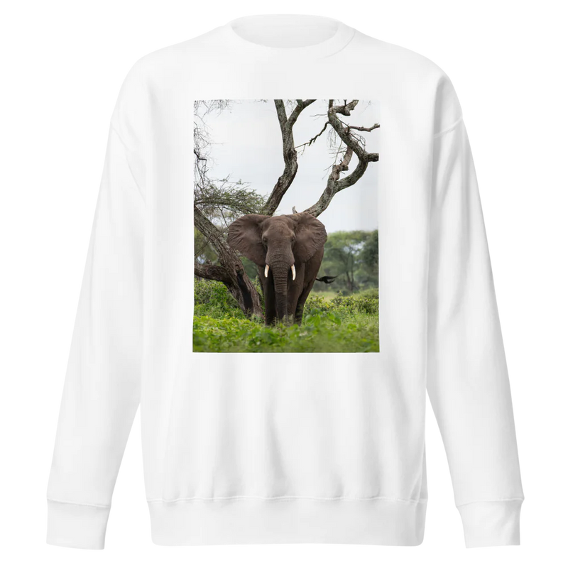White Sweatshirt with an elephant photgraphed in front of a twisted tree, standing in grass. 5% of profits goes to support retired circus elephants