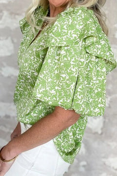 Floral Ruffle Puff Short Sleeve Frilled Notched Blouse