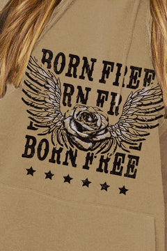 close up of logo on Beige hoodie with 'Born Free' design featuring a rose and wings.