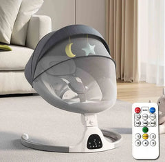 Grey baby Rocker & Cradle with remote control on a light-colored floor. with remote control in a living room setting