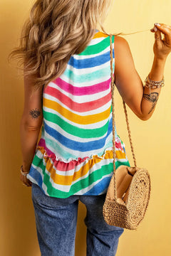 Rainbow Stripes Ruffled Hem Tank Top