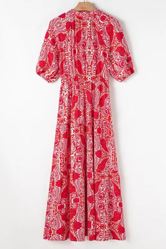 Paisley Print Side Slit Puff Sleeve High Waist Maxi Dress