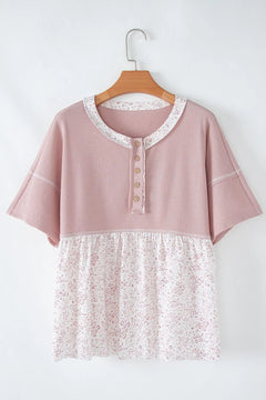 Waffle Floral Patchwork Exposed Seam Detail Short Sleeve Top