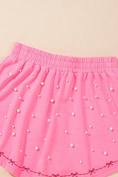 Contrast Bow Trim Pearl Puff Sleeve Blouse and Skort 2pcs Set
