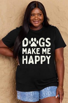 Short sleeved round neck grey tshirt with DOGS MAKE ME HAPPY in big block letters on the front. The O in dog is replace by a paw print in white, just like the letters.
