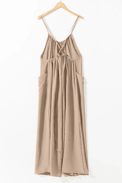 Spaghetti Strap Waist Tie Wide Leg Jumpsuit with Pockets