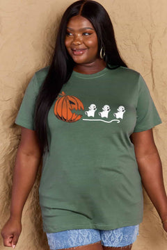 Green Tshirt with Jackolantern appearing to be trying to eat a line of fleeing ghosts
