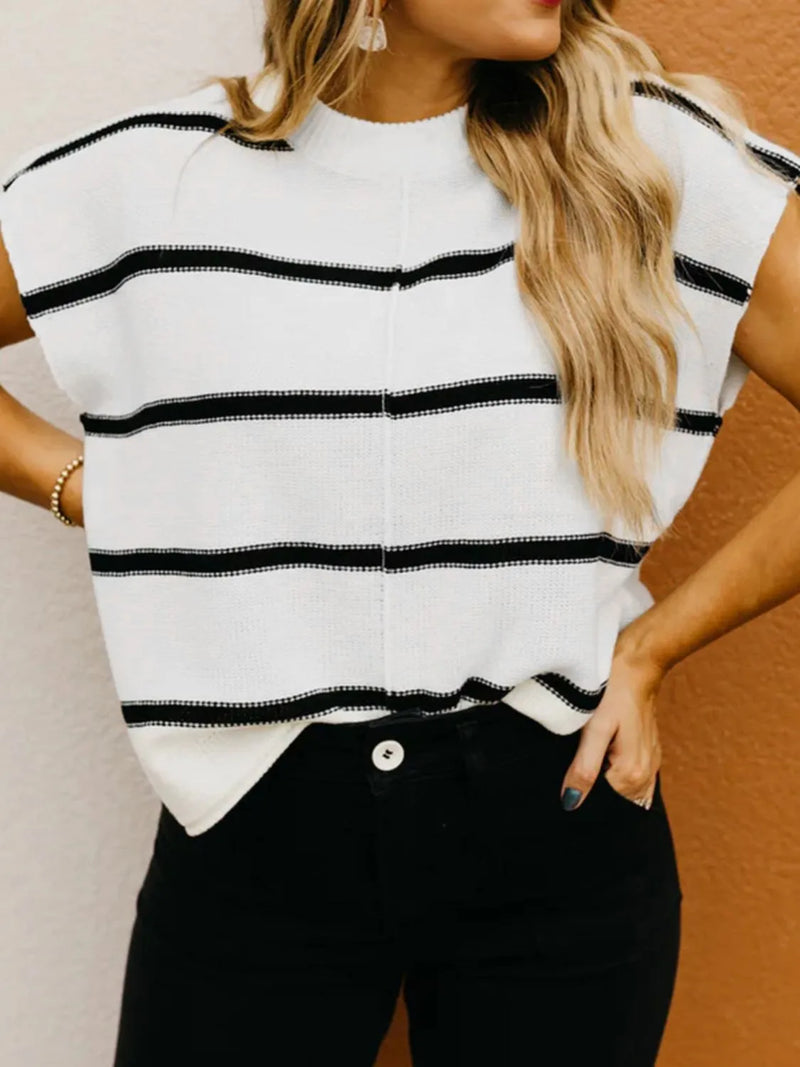 Black horizontal Striped Batwing Sleeve Knit Top in white