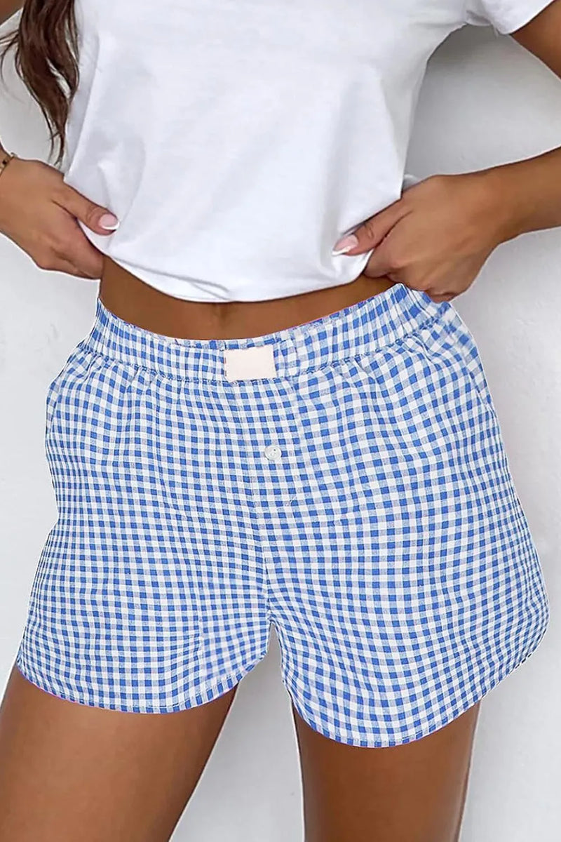 Plaid Gingham Elastic High Waist Shorts in Blue and white. Boxer style