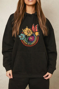 Black hoodie with colorful floral design that has 5 colored rings inside each oher with three large flowers and a butterfly in front of them.