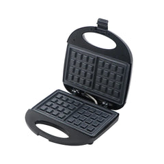 Black waffle maker on a white background
