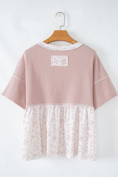 Waffle Floral Patchwork Exposed Seam Detail Short Sleeve Top
