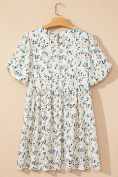 Floral Puff Short Sleeve Empire Waist Mini Dress