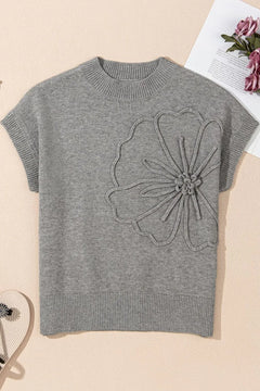 Flower Pattern Ribbed Trim Short Sleeve Boxy Sweater