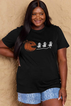 Black Tshirt with Jackolantern appearing to be trying to eat a line of fleeing ghosts
