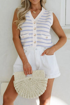 Stripe V Neck Gold Buttons Elegant Sweater Vest