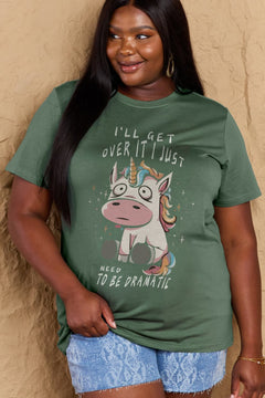 Green Tshirt with round neck and short sleeves, Sad unicorn with big eyes sitting down with slogan  I'LL GET OVER IT I JUST NEED TO BE DRAMATIC