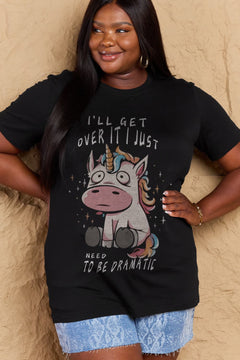 Black Tshirt with round neck and short sleeves, Sad unicorn with big eyes sitting down with slogan  I'LL GET OVER IT I JUST NEED TO BE DRAMATIC